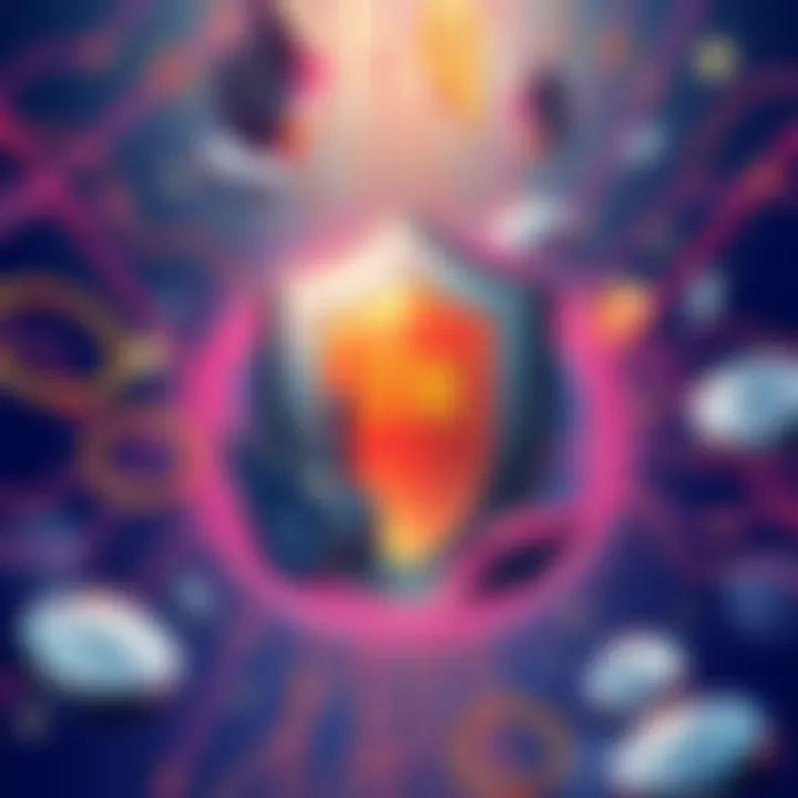 An illustration depicting the Starknet STRK20 proposal with private ERC-20 tokens, featuring digital tokens surrounded by a shield symbolizing privacy and security in finance.