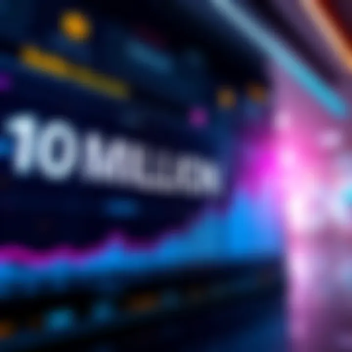 A digital display showing 10 million funded accounts on the Stellar platform with a chart trending upward, symbolizing growth in cryptocurrency engagement.