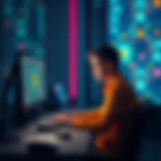 A person sitting at a computer, looking stressed while trying to recover missing digits of a Stellar Lumens secret key, with digital currency symbols on the screen.