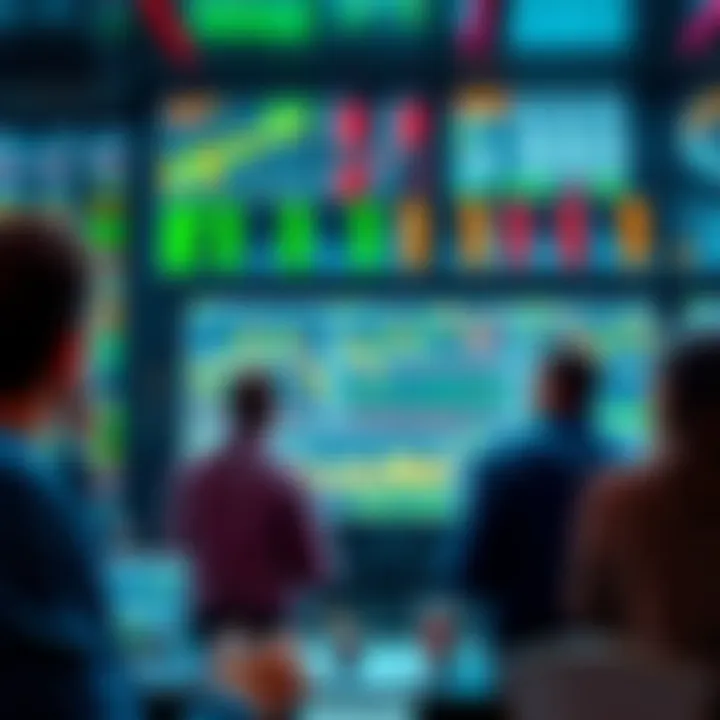 A group of people discussing stock trends with charts and graphs visible on a screen, showing rising interest in short squeezes.