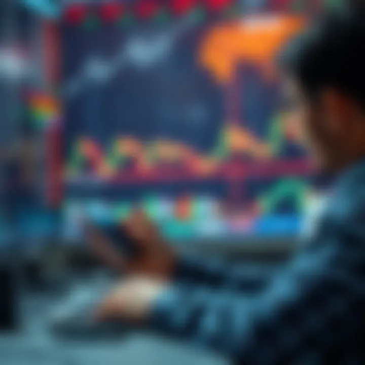 A person sitting at a desk, looking at stock news on a smartphone, with stock charts and graphs in the background