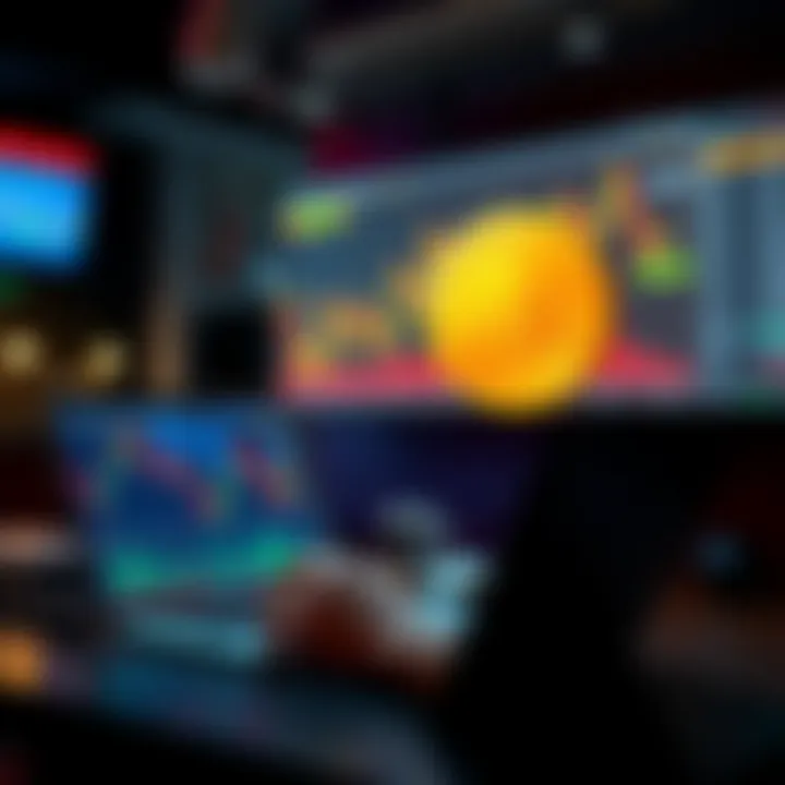 A stock owner reviews cryptocurrency trends with a laptop and charts displaying Bitcoin prices.