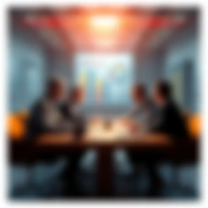 A group of business leaders discussing strategy around a table with charts and graphs in the background