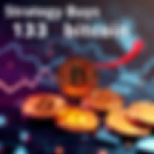 Graphic showing Strategy's Bitcoin acquisition with symbols of Bitcoin and a rising trend line.