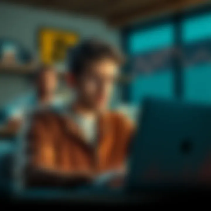 A worried young man looking at a laptop screen showing falling Bitcoin prices, with a concerned family member in the background.