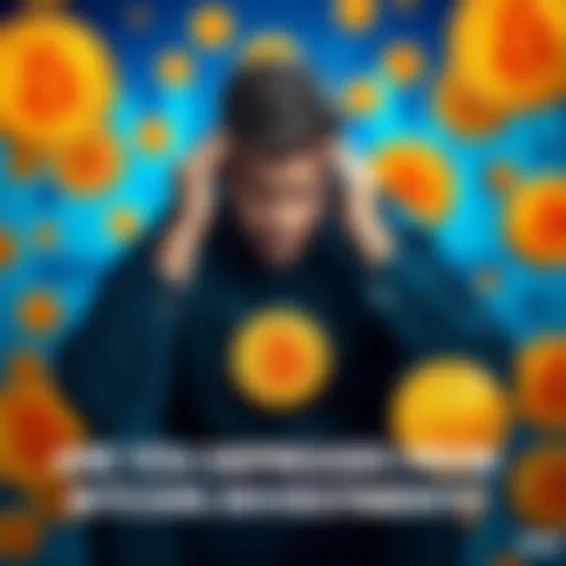 Individual sitting with a worried expression surrounded by Bitcoin symbols, reflecting on cryptocurrency investments