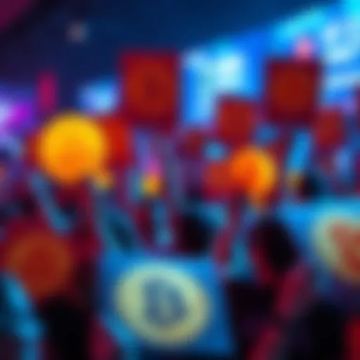 A group of determined Bitcoin supporters holding up signs with Bitcoin symbols during a market rally, showing their commitment to HODLing through fluctuations.