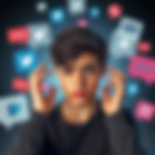 A young person looking frustrated, surrounded by text bubbles and social media icons, symbolizing communication barriers.