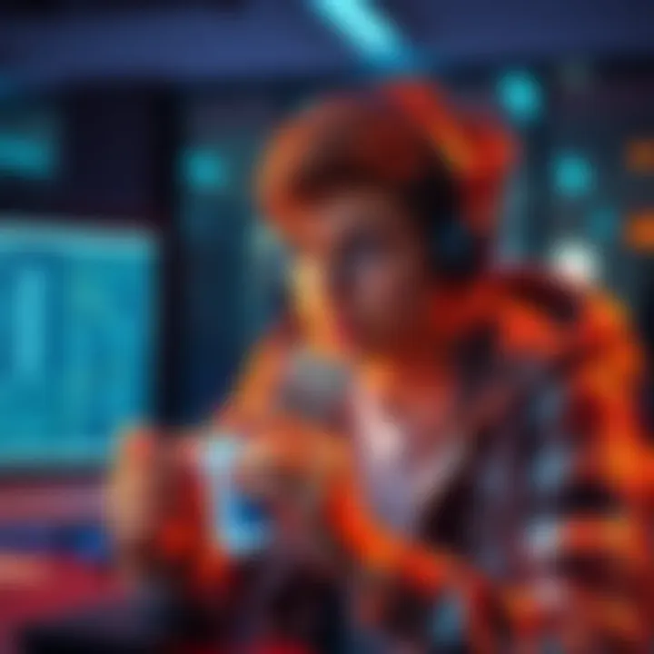 A student holding a $10 bill and looking at a computer screen for advice on joining a platform.