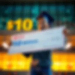 A happy college student holding a large check representing a 10 million gift, with a joyful expression and graduation cap on.