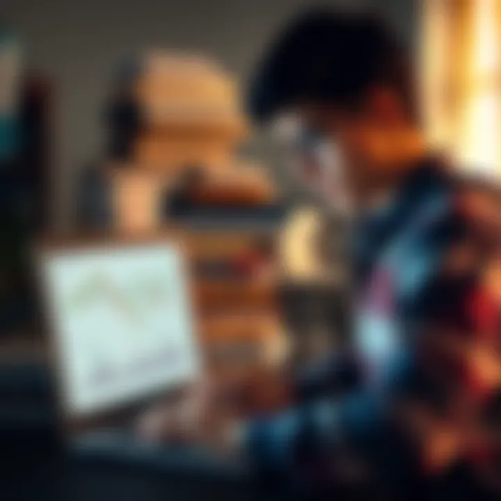 A distressed university student examines fluctuating cryptocurrency charts on a laptop, reflecting on his investment losses, with a stack of books in the background.