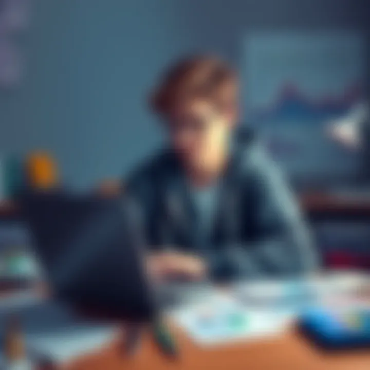 A college student sitting at a desk, using a laptop to research decentralized finance, surrounded by notes and charts.