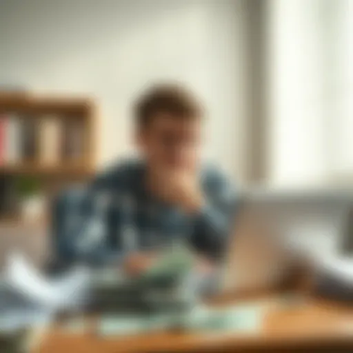 A university student sits at a desk, looking worried and surrounded by bills and a laptop. His expression shows concern for his future after losing money on risky investments.