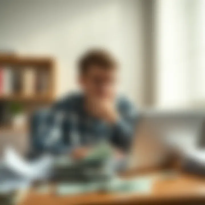A university student sits at a desk, looking worried and surrounded by bills and a laptop. His expression shows concern for his future after losing money on risky investments.
