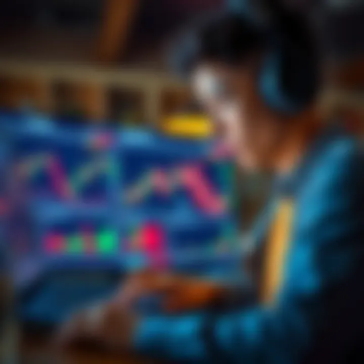 A young student studying stock market charts on a laptop, contemplating trading opportunities