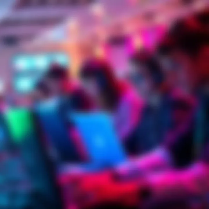 A group of college students coding at laptops during a hackathon event