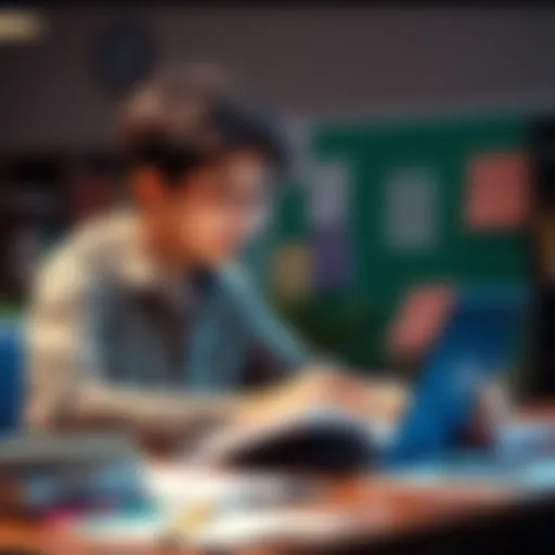 A student studying with books, notes, and a laptop, focused on improving scores