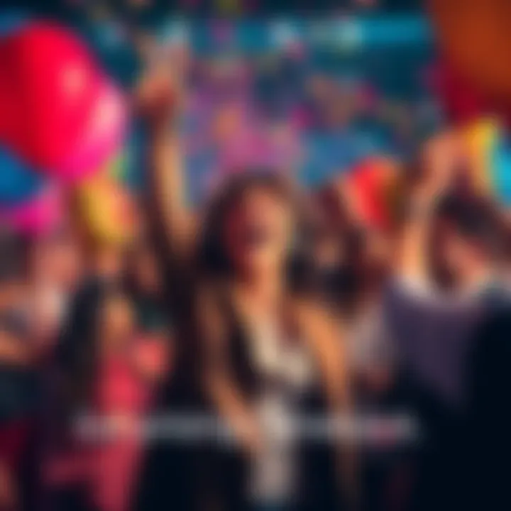 A person joyfully celebrating a successful comeback after a year away, surrounded by friends and balloons