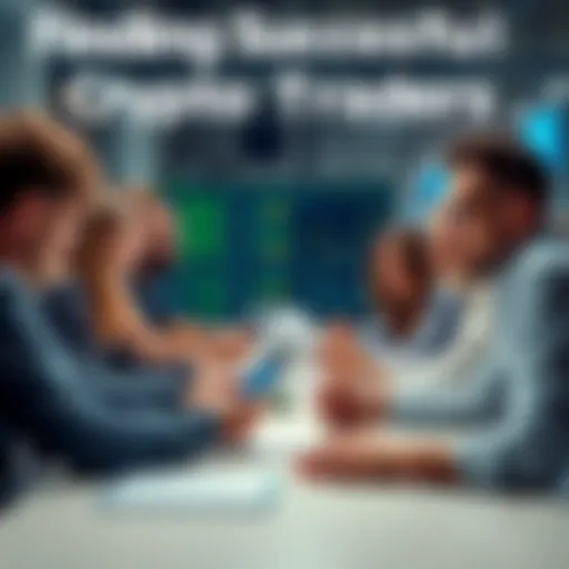 A group of diverse people analyzing crypto market charts and discussing trading strategies at a table.