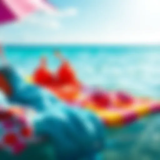 Colorful summer merchandise featuring water themes including swimsuits, beach towels, and sunglasses, perfect for summer fun.
