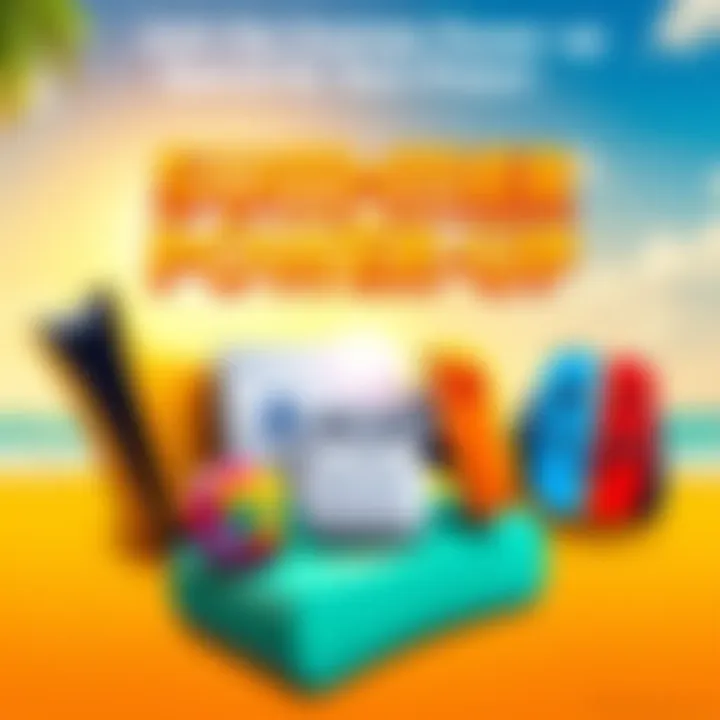 Colorful graphic featuring tech prizes like AirPods Max, PS5, and Nintendo Switch 2 with a sunny background