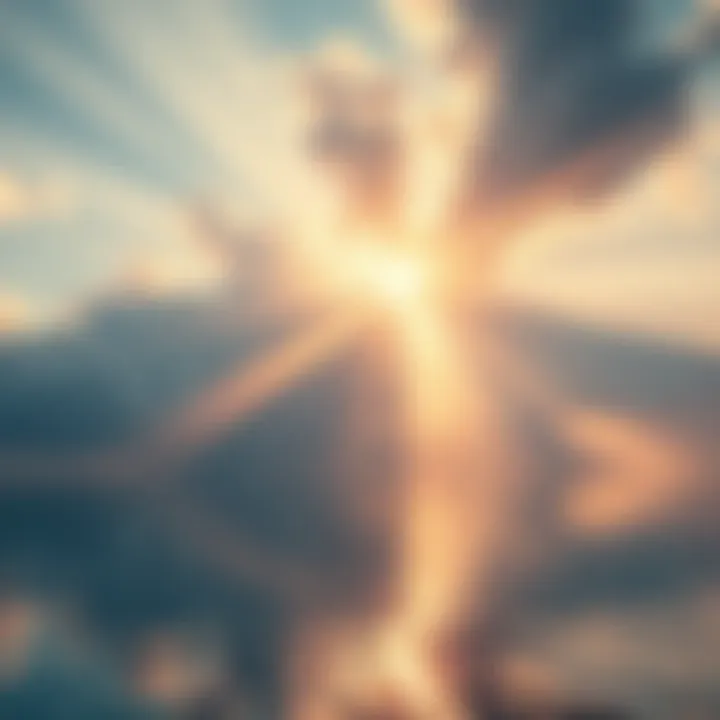 Rays of sunlight breaking through clouds and reflecting on calm water