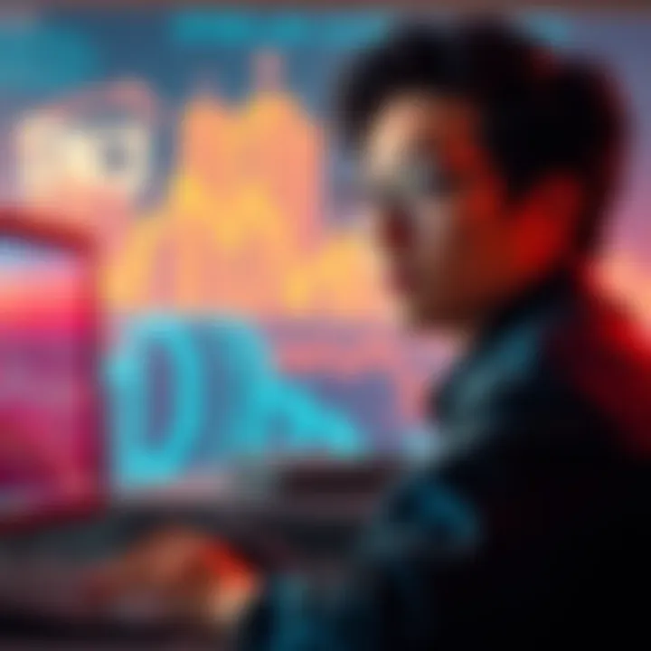 Sunny Lu reflecting on his past experiences with a computer and digital blockchain graphics around him, symbolizing his transition from a scam victim to a blockchain innovator