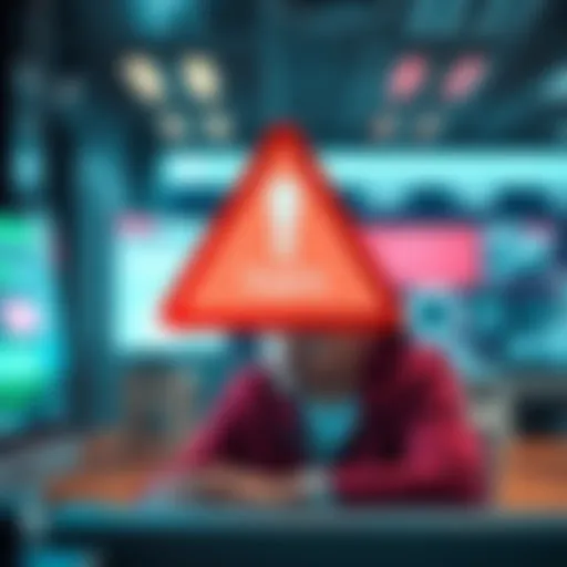 A warning sign indicating a security vulnerability in Supra's system with a concerned user looking at a computer screen.