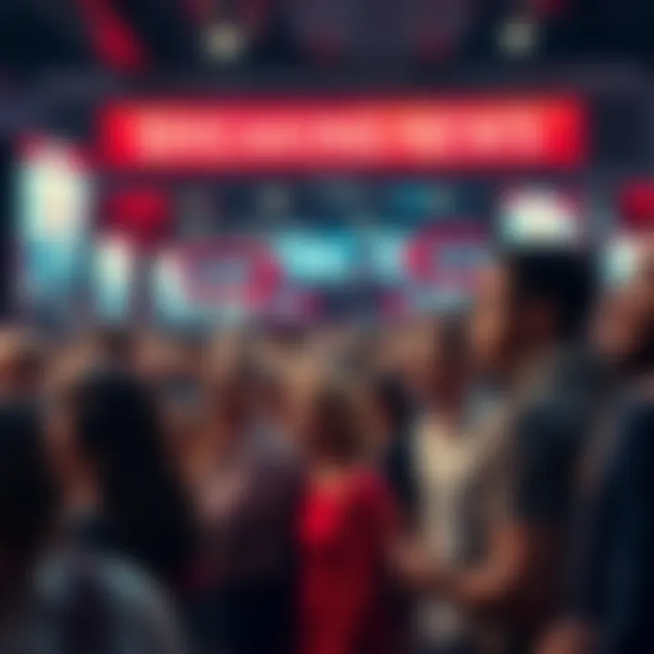 Surprised crowd watching news A group of diverse people standing in shock while looking at screens displaying breaking news.