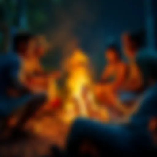 Group of Survivor contestants discussing strategy and alliances around a campfire