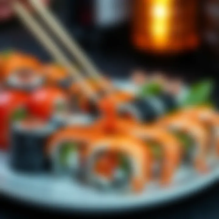 A close-up of assorted sushi rolls served on a plate with chopsticks