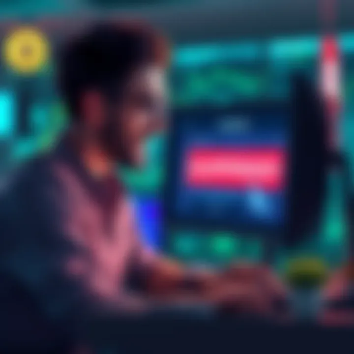 A frustrated person sitting at a computer looking at a suspended Kraken account screen with a worried expression.