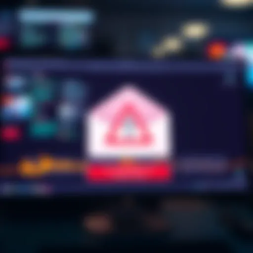 A suspicious email displayed on a computer screen with a warning symbol