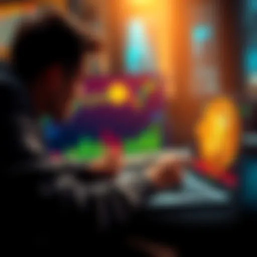 A person is using a laptop to swap stablecoins for Bitcoin with charts and coins on the screen