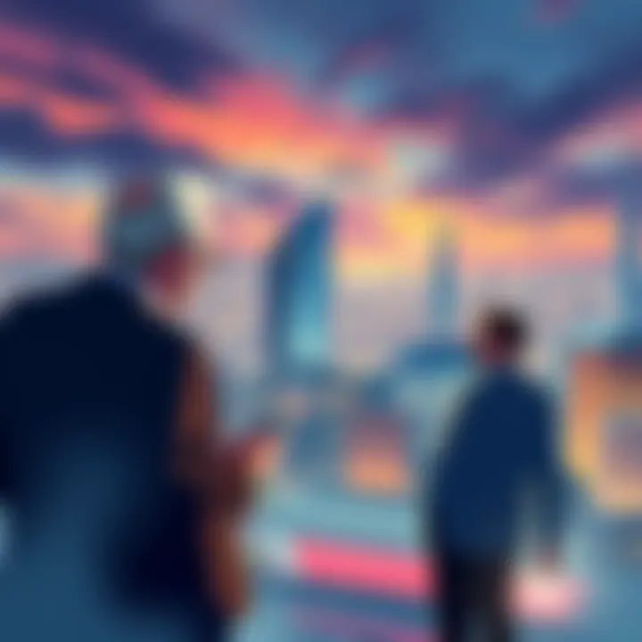 An illustration showing a city skyline with wealthy individuals discussing taxes and wealth, highlighting Sweden's unique financial landscape.