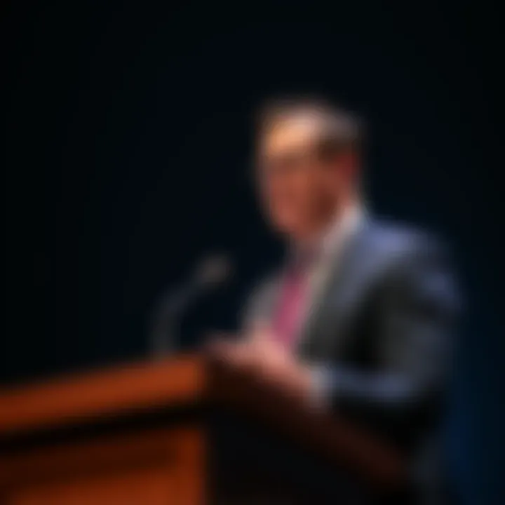 A former SWIFT executive speaking at a podium, expressing doubts about XRP and comparing it to outdated technology like a fax machine.