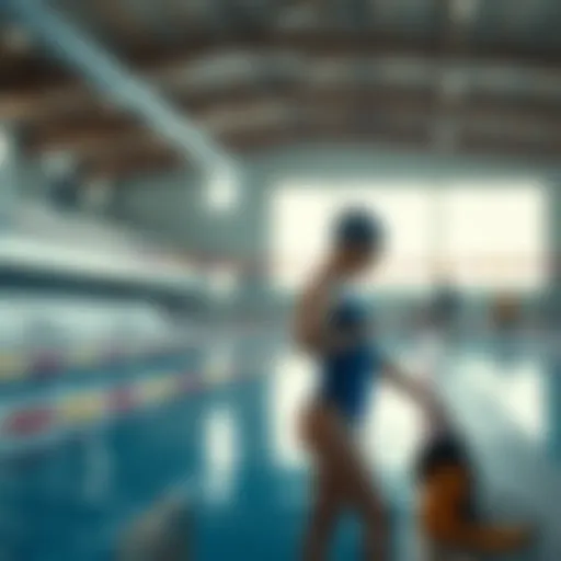 A swimmer in a swimsuit checks their gear on a pool deck, ready for practice.
