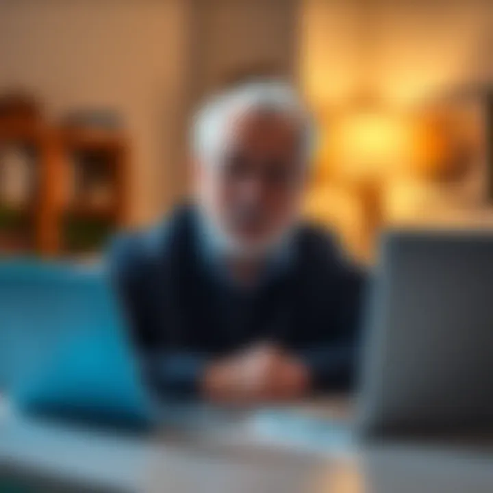 A senior person sitting at a desk, comparing a tablet and a laptop, looking thoughtful about their study options.