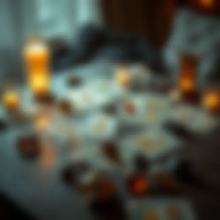 A table with tarot cards spread out, focusing on love and connections, with candles and crystals around them.