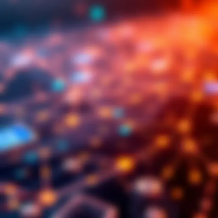 Illustration of Taurus connecting financial institutions to Swift's blockchain ledger, with digital elements representing connectivity and finance.