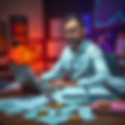 A tax accountant sitting at a desk with a laptop, analyzing cryptocurrency data and its valuation in USD. Papers and financial documents are scattered around, with a thoughtful expression on the accou...