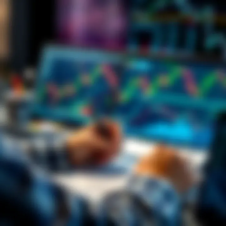 A person filling out a tax return form with a laptop and stock charts in the background, symbolizing self-filing for stocks and crypto investments.