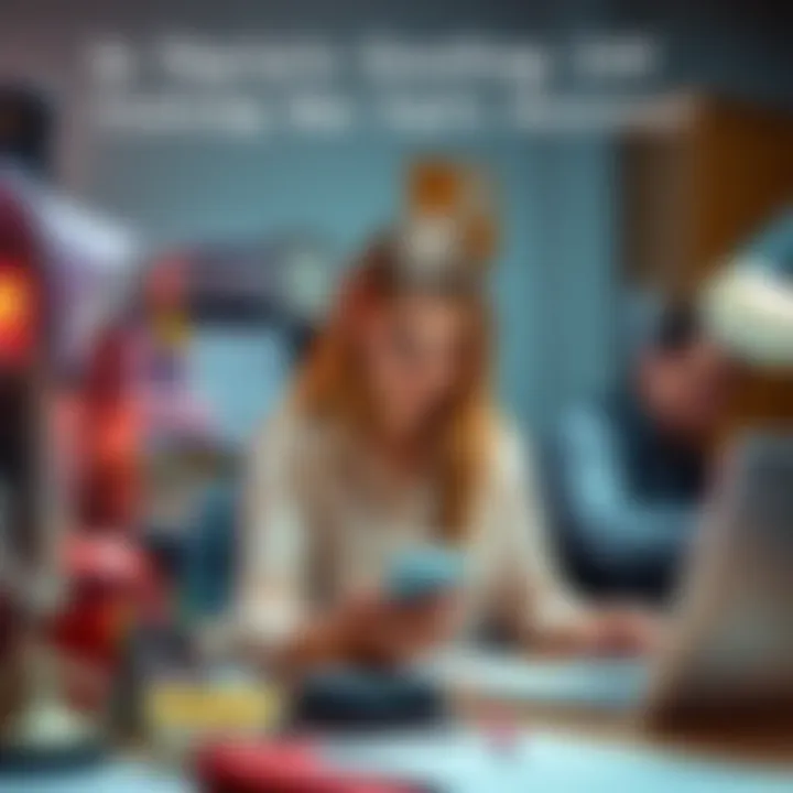 Tayla sitting at a cluttered desk, looking at her phone while her dad, Rick, looks concerned in the background