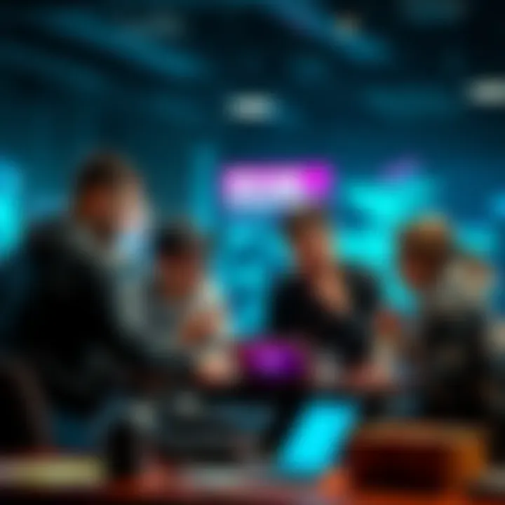 A group of diverse individuals brainstorming and collaborating on a hackathon project