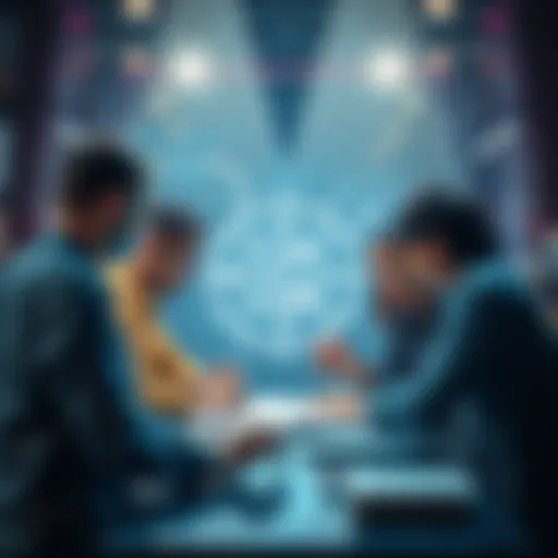 A group of people collaborating on a logo design with the assistance of AI technology, showcasing creativity and teamwork.