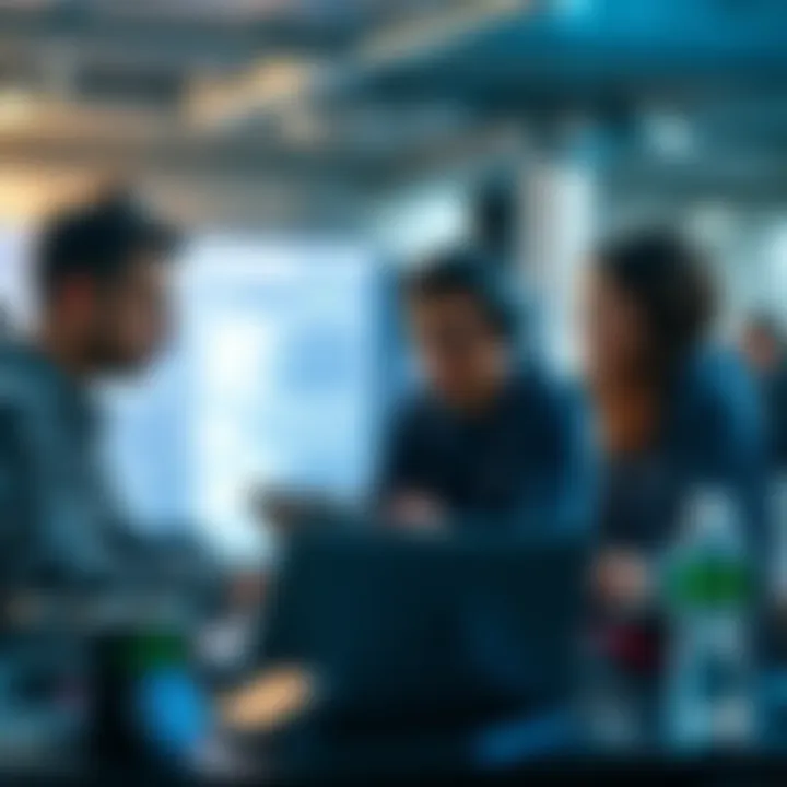 A group of coders working together at a hackathon, discussing ideas and collaborating on a project, with laptops and coding materials around them.