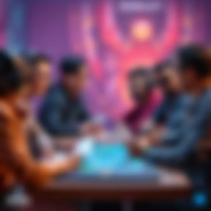 A diverse team of five players discussing strategies for free-to-play gaming, with notes and a game board in front of them