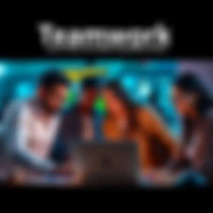 A diverse group of tech enthusiasts collaborating over a laptop, showcasing teamwork for the UIDAI Data Hackathon 2026