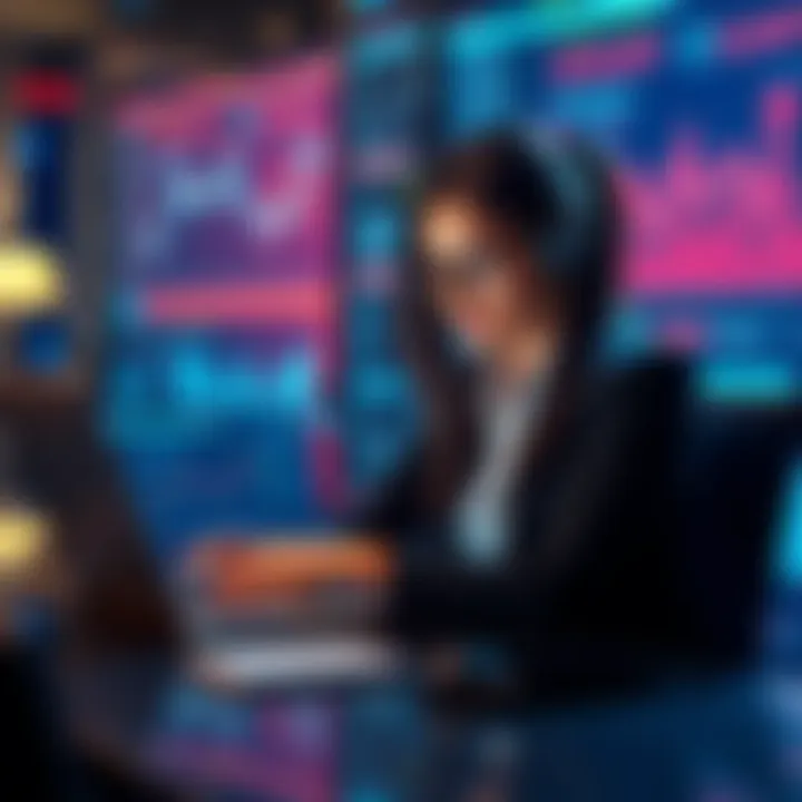 A business woman analyzing salary charts on a laptop, with a focus on tech market trends, emphasizing Oracle Health and job positions.