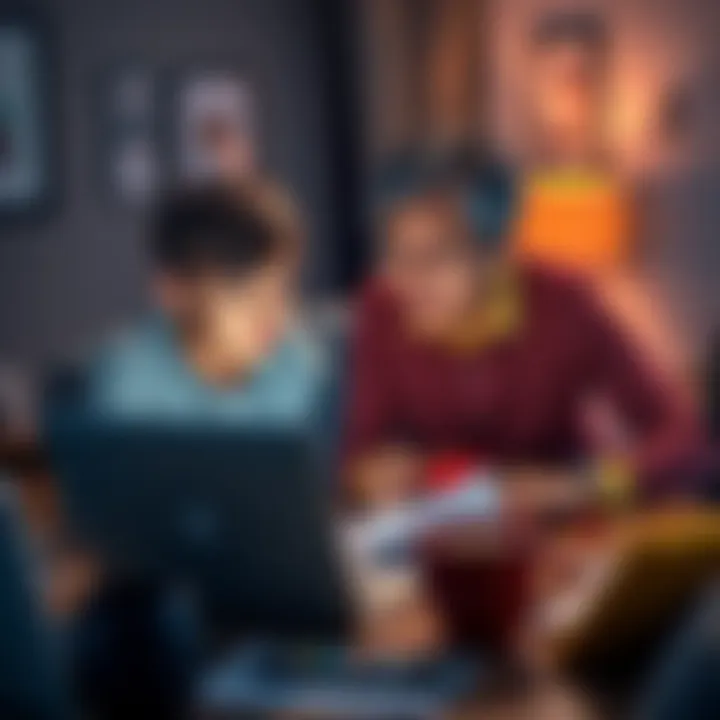 A parent and their teen looking at a laptop, discussing how to start a Bitcoin business together, with financial documents on the table.